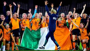 <p>Republic of Ireland Manager Vera Pauw celebrates qualifying for the 2023 FIFA Women’s World Cup with her squad in Hampden Park, Scotland. Photographer: Ryan Byrne / Inpho Photography</p>