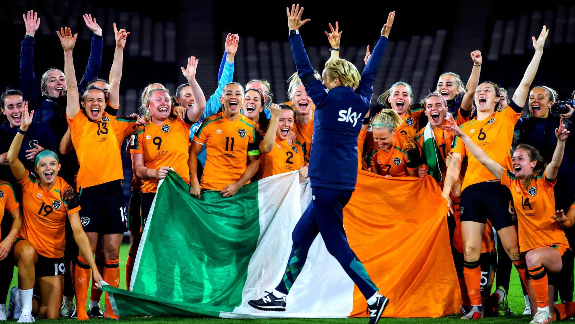 Republic of Ireland Manager Vera Pauw celebrates qualifying for the 2023 FIFA Women’s World Cup with her squad in Hampden Park, Scotland. Photographer: Ryan Byrne / Inpho Photography