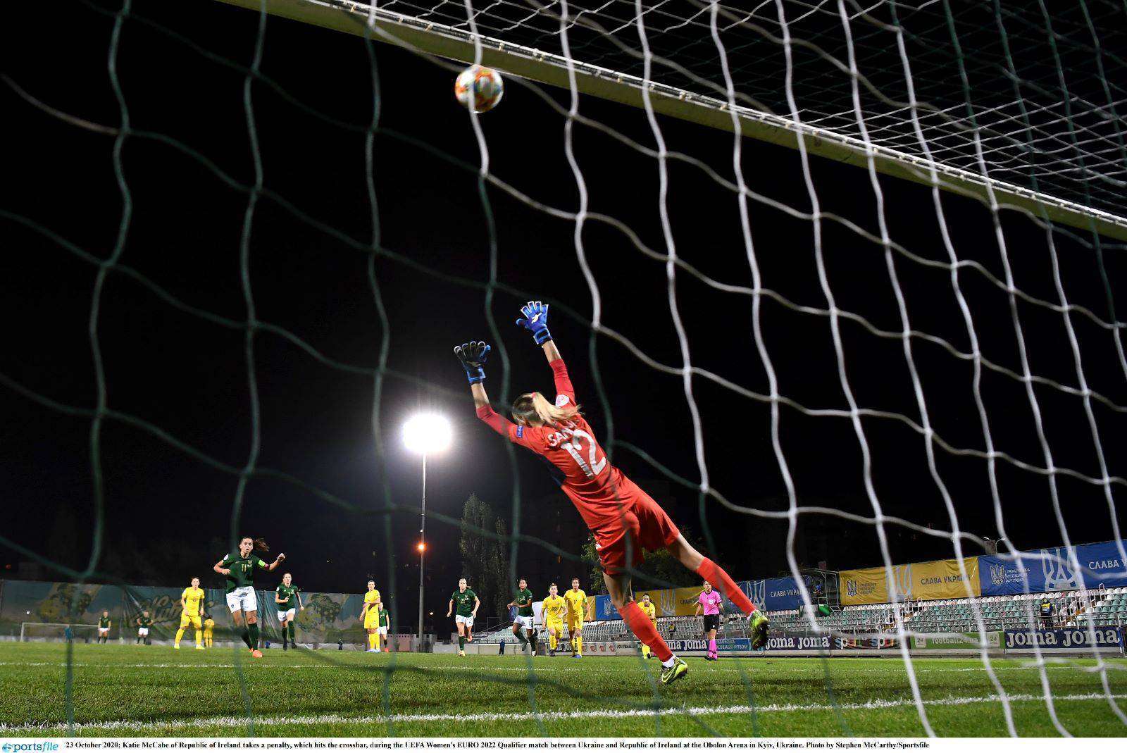 Penalty pain: Katie McCabe hits the crossbar from the penalty spot against Ukraine. Pic credit: Stephen McCarthy/Sportsfile.