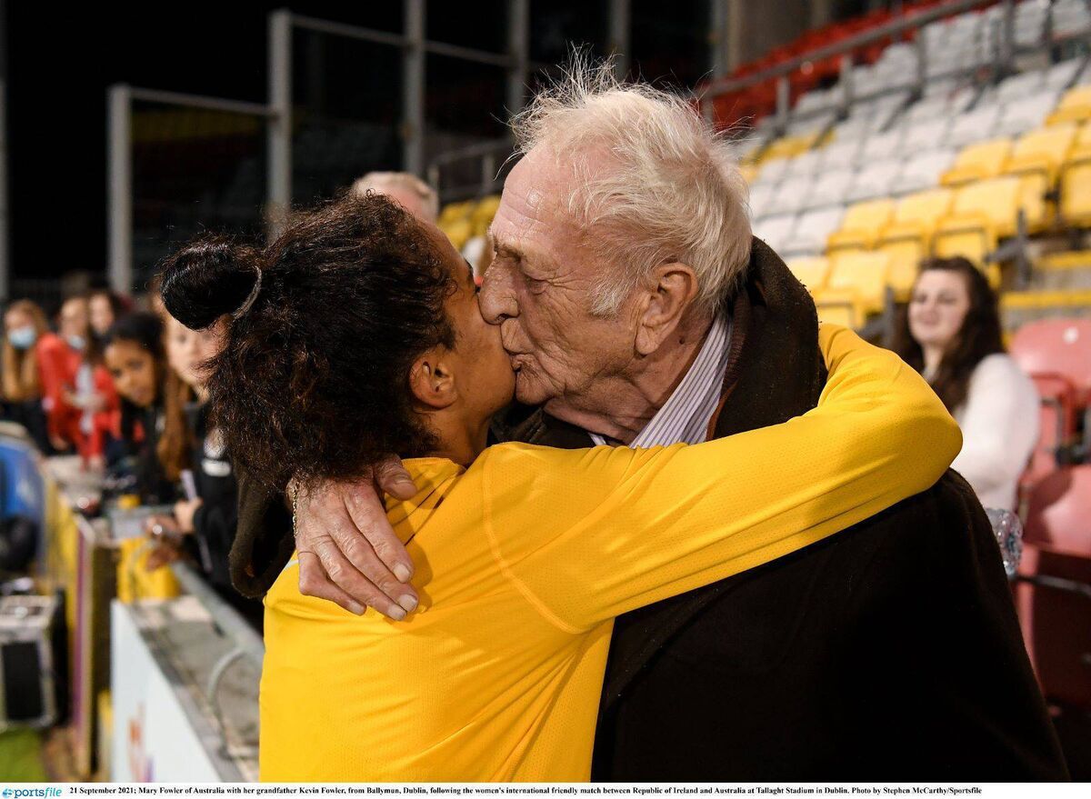 One that got away: Irish-eligible Mary Fowler with her granddad after scoring twice for Oz in Tallaght. Pic credit: Stephen McCarthy/Sportsfile