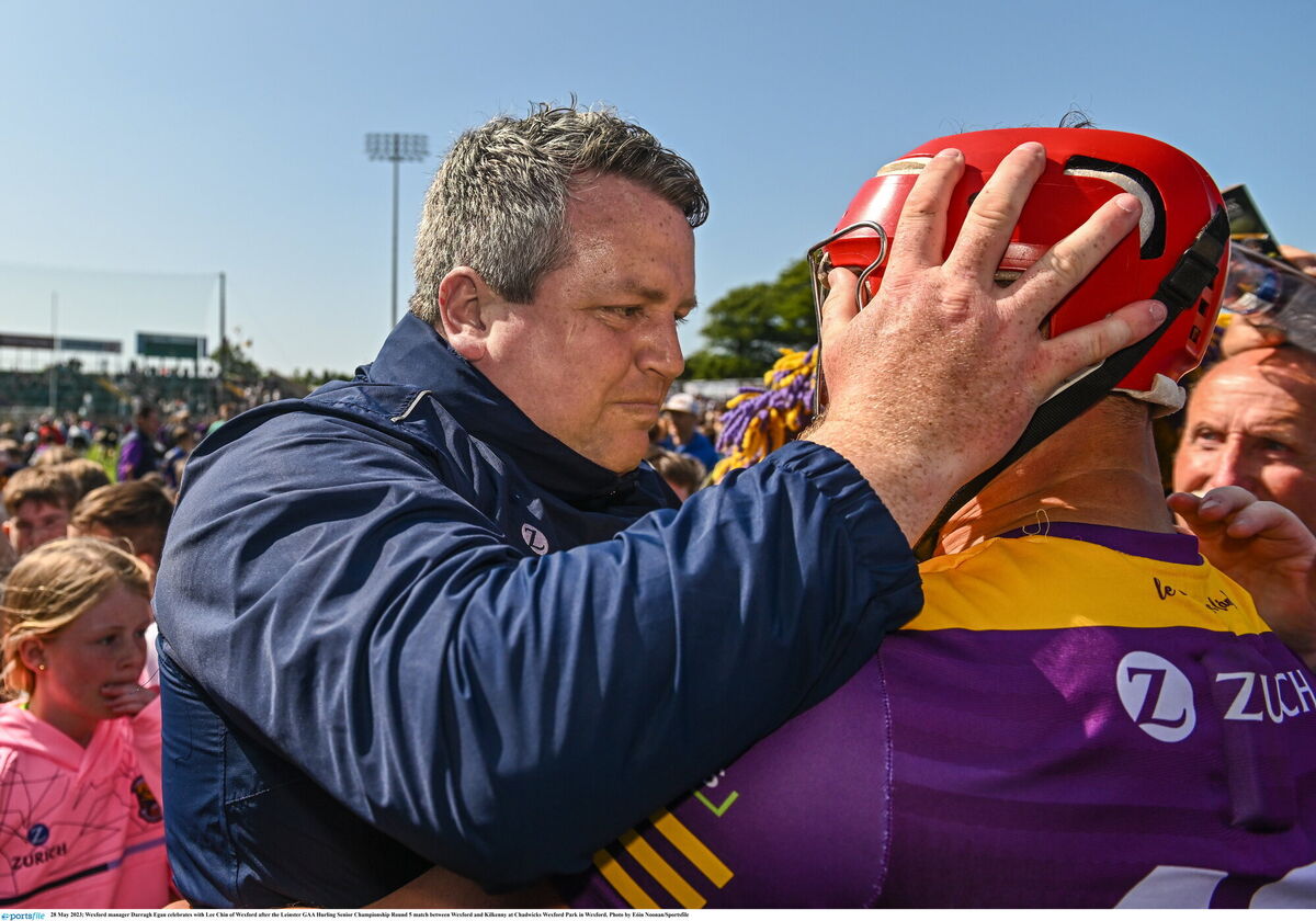 Wexford manager Darragh Egan celebrates with Lee Chin. Photo by Eóin Noonan/Sportsfile