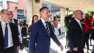 <p>Former Manchester United footballer Ryan Giggs, centre, arrives at Manchester Crown Court. Picture: Peter Powell/PA</p>