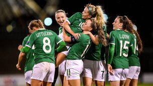 <p>Denise O'Sullivan of Republic of Ireland is lifted in celebration by team-mate Katie McCabe after scoring her side's sixth goal during the FIFA Women's World Cup 2023 qualifying group A match between Republic of Ireland and Georgia at Tallaght Stadium in Dublin. Pic: Stephen McCarthy/Sportsfile</p>