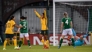 <p>NEW ALLEGIANCES: Mary Fowler of Australia celebrates with team-mate Sam Kerr, left, after scoring her side's first goal during the women's international friendly match between Republic of Ireland and Australia in 2021. Pic: Stephen McCarthy/Sportsfile</p>