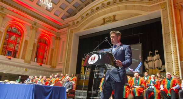 Former Munster and Ireland rugby star Ronan O’Gara on the podium at City Hall, Cork, yesterday during a ceremony where he received the Freedom of the City of Cork. Picture: Larry Cummins