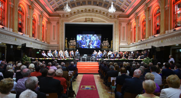 The setting in City Hall yesterday for the question and answer panel session with Ronan O’Gara and Donal Lenihan after the Freedom of the City ceremony. Pictures: Larry Cummins