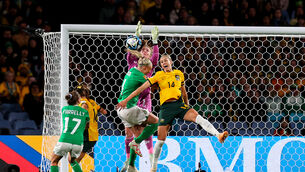 <p>Ireland goalkeeper Courtney Brosnan and Louise Quinn with Alanna Kennedy of Australia. Picture: ©INPHO/Ryan Byrne</p>