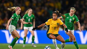 <p>Mary Fowler of Australia in action against Denise O'Sullivan, left, and Ruesha Littlejohn of Republic of Ireland during the FIFA Women's World Cup 2023 Group B match between Australia and Republic of Ireland at Stadium Australia in Sydney, Australia. Photo by Stephen McCarthy/Sportsfile</p>