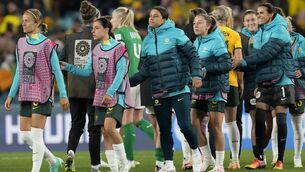 <p>KERR-PLUNKED: Australia's Sam Kerr, center, leaves the field with her teammates at the end of the Women's World Cup soccer match between Australia and Ireland at Stadium Australia in Sydney. Pic: AP Photo/Mark Baker)</p>