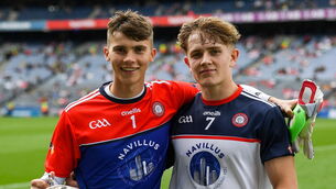 <p>EMPIRE STATE OF MIND: New York players, from left, Ryan Corrigan and Colm Shalvey after the GAA Football All-Ireland Junior Championship Final match at Croke Park. PICTURE: John Sheridan/Sportsfile</p>