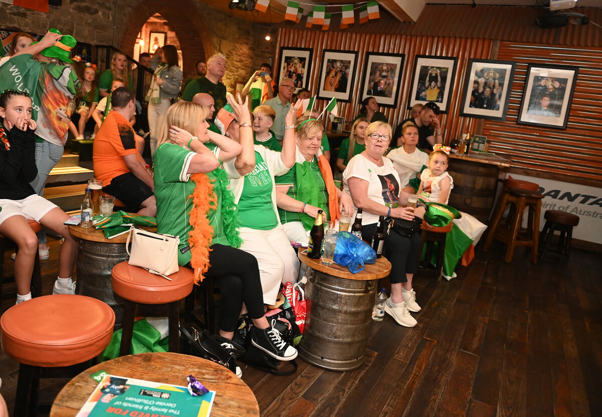SPOT ON: Reaction after Australia take the lead from a penalty kick as family and friends of Denise O'Sullivan gathered to watch the FIFA Women's Worlc Cup game Ireland vs Australia at The Woolshed Bar &amp; Grill on Thursday morning. Pic: Larry Cummins