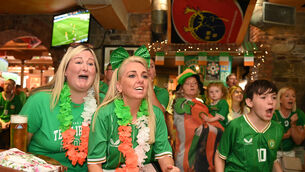 <p>FAMILY TIES: Emma O'Sullivan and Grace O'Sullivan, both sister-in-law of player Denise O'Sullivan watching the game at the Woolshed Bar &amp; Grill Cork. Picture: Larry Cummins</p>