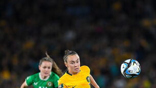<p>GETTING THE RESULT: Australia's Caitlin Foord happy to get over the line with the win against Ireland in their opening game of the World Cup. Pic: Mick O'Shea/Sportsfile</p>