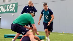 <p>LOCKED IN: Defence coach Simon Easterby and Jonathan Sexton get to work at the IRFU High Performance Centre, Sport Ireland Campus, Blanchardstown, Dublin. Pic:INPHO/Dan Sheridan</p>