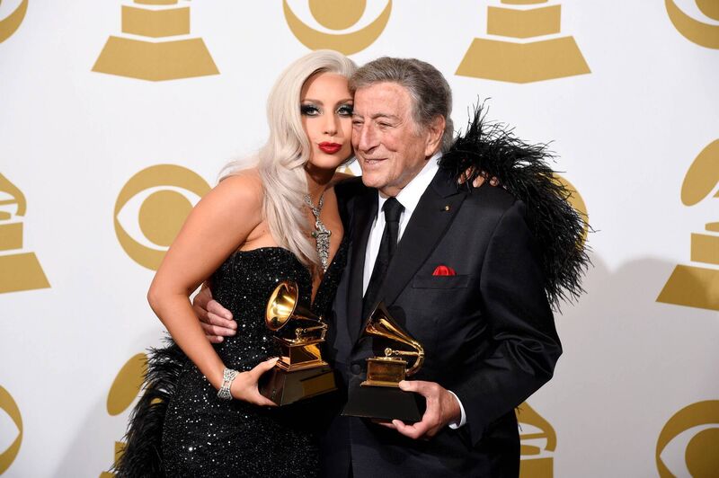Lady Gaga, left, and Tony Bennett pose with the Grammy for best traditional pop vocal album for "Cheek to Cheek". Picture: Chris Pizzello/Invision/AP Lady Gaga, left, and Tony Bennett pose with the Grammy for best traditional pop vocal album for "Cheek to Cheek". Picture: Chris Pizzello/Invision/AP