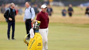 <p>HOMAGE TO LIVERPOOL: The colour of TaylorMade’s staff bags, a bright yellow, is in itself a tribute to the distinctive tones of the championship’s iconic scoreboards and hole flags. Pic: Gregory Shamus/Getty Images</p>