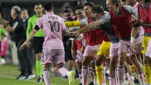 <p>MESSI-AH: Inter Miami forward Lionel Messi celebrates with the team after scoring a late winner on his debut. (AP Photo/Lynne Sladky)</p>