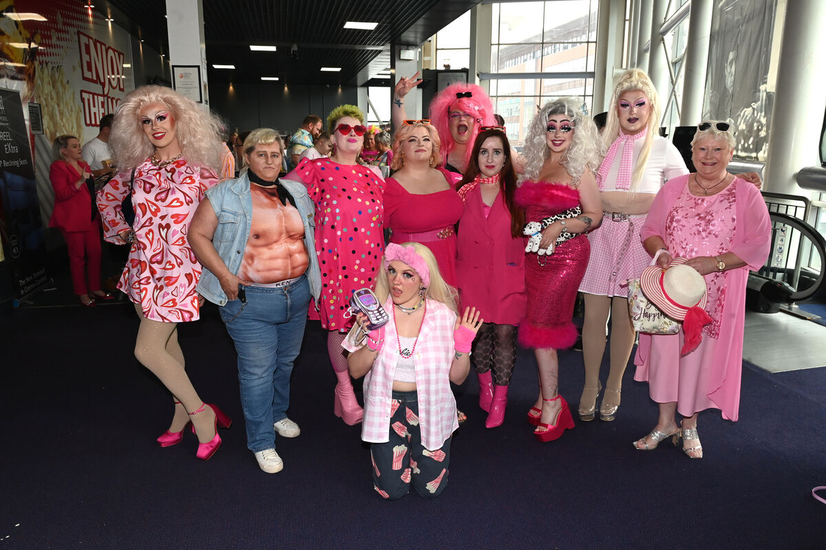  Poppy DeScrace, Toxic, Jeanie Mac, Kenny Todgers, Corpse Rhyde and BooBoo Oopsi and guests with (front) Saidhbhe 'Angel Reign' at the special screening of Barbie at The Reel Picture, Blackpool. Picture: Larry Cummins