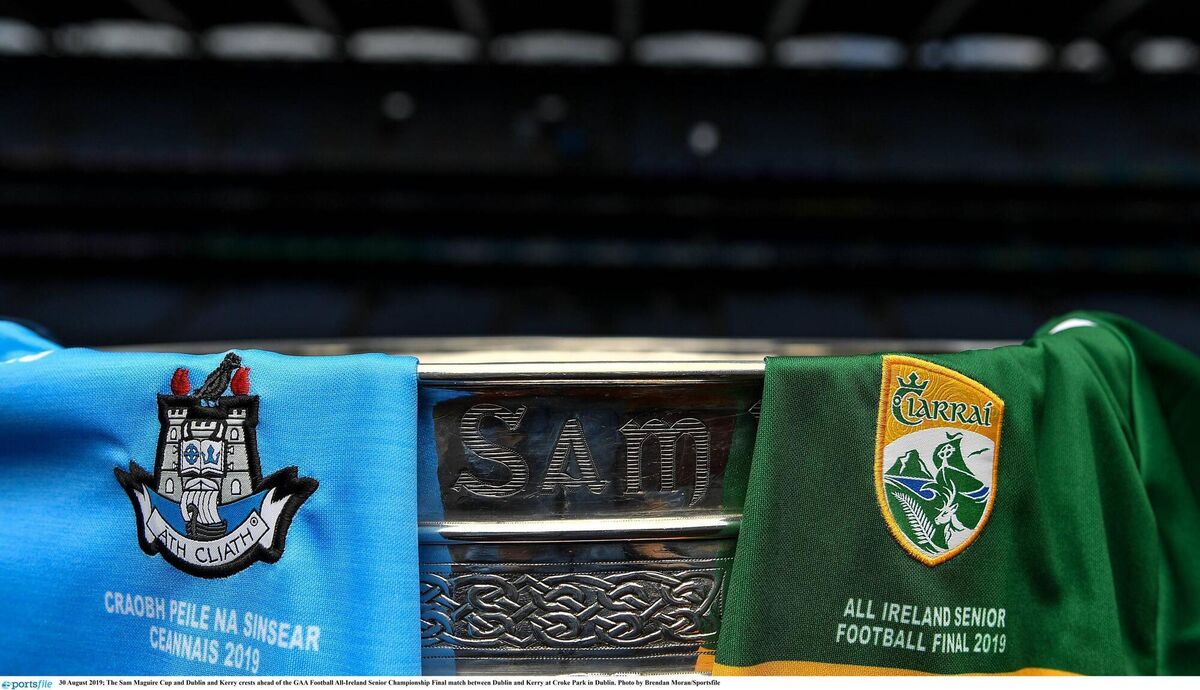 The Sam Maguire Cup and Dublin and Kerry crests ahead of the GAA Football All-Ireland Senior Championship Final match between Dublin and Kerry at Croke Park in Dublin. Photo by Brendan Moran/Sportsfile