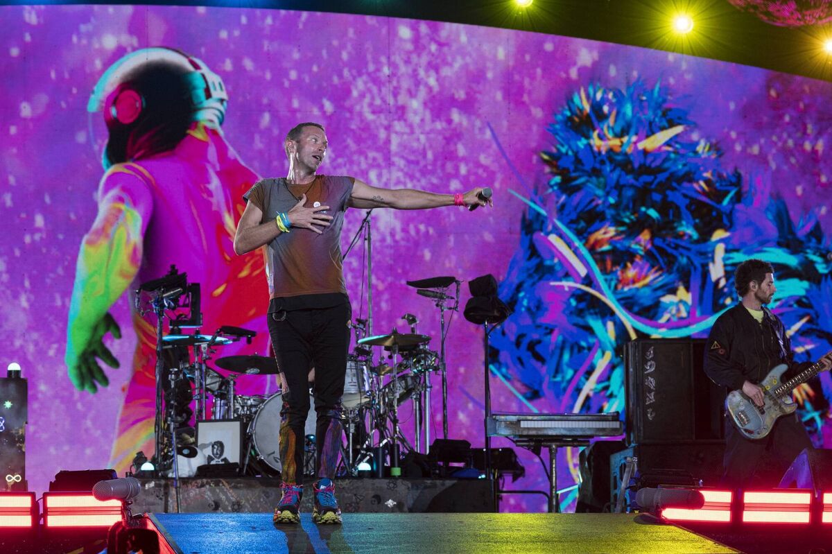 Chris Martin and Guy Berryman of Coldplay perform on stage at Estadi Olimpic on May 24, 2023 in Barcelona, Spain. Picture: Jordi Vidal/Redferns