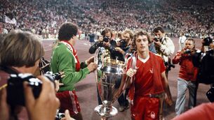 <p>GLORY DAYS: Winning goalscorer Trevor Francis  and goalkeeper Peter Shilton parade the trophy after the 1979 European Cup Final between Nottingham Forest and Malmo at the Olympic Stadium in Munich. Picture: Steve Powell/Allsport/Getty Images</p>