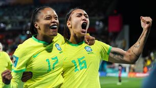 <p>SAMBA GIRLS: Bia Zaneratto of Brazil celebrates with team mate Ary Borges after scoring her team's third goal against Panama . Picture: VCG/VCG via Getty Images</p>