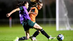<p>STAYING PATIENT: Áine O'Gorman tackles Chloe Mustaki during a Republic of Ireland training session at Dorrien Gardens in Perth. Pic: Stephen McCarthy/Sportsfile</p>