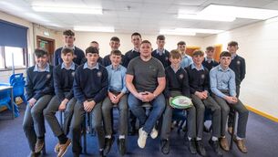 <p>MENTAL WELLBEING: Ireland and Leinster rugby player Tadhg Furlong, alongside students from Good Counsel College in New Ross, who had teamed up with Rugby Players Ireland for a new content series centered on his journey back to his old school to spotlight the work of the Tackle Your Feelings Schools programme to promote mental wellbeing. Pic: INPHO/Evan Treacy</p>