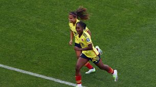 <p>VICTORY: Linda Caicedo (R) of Colombia celebrates with teammate Leicy Santos (L) after scoring her team's second goal. Pic: James Chance/Getty Images</p>