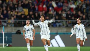 <p>HISTORIC ONE: Sarina Bolden of Philippines celebrates after scoring her team's winning goal as they spoil co-host New Zealand's party. Pic:Catherine Ivill/Getty Images</p>