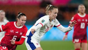 <p>TROUBLE BREWING: Norway's Caroline Graham Hansen, right, plays the ball next to Switzerland's Geraldine Reuteler during the Women's World Cup Group A soccer match between Switzerland and Norway in Hamilton, New Zealand, Tuesday, July 25, 2023. Pic: AP Photo/Abbie Parr</p>