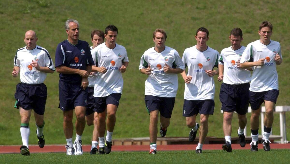 US AGAINST THE WORLD: Republic of Ireland manager Mick McCarthy leads his players, including Lee Carsley, Ian Harte, Jason McAteer and Matt Holland, during a Republic of Ireland training session at Sangok-dong Military Sports Facility in Seoul, South Korea during the 2002 World Cup. Pic: David Maher/Sportsfile US AGAINST THE WORLD: Republic of Ireland manager Mick McCarthy leads his players, including Lee Carsley, Ian Harte, Jason McAteer and Matt Holland, during a Republic of Ireland training session at Sangok-dong Military Sports Facility in Seoul, South Korea during the 2002 World Cup. Pic: David Maher/Sportsfile