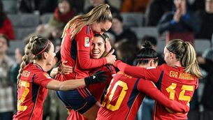 <p>SAFELY THROUGH: Spain's Alba Redondo (C) celebrates scoring her team's fifth goal against Zambia at Eden Park. Pic: Saeed Khan/AFP via Getty Images</p>