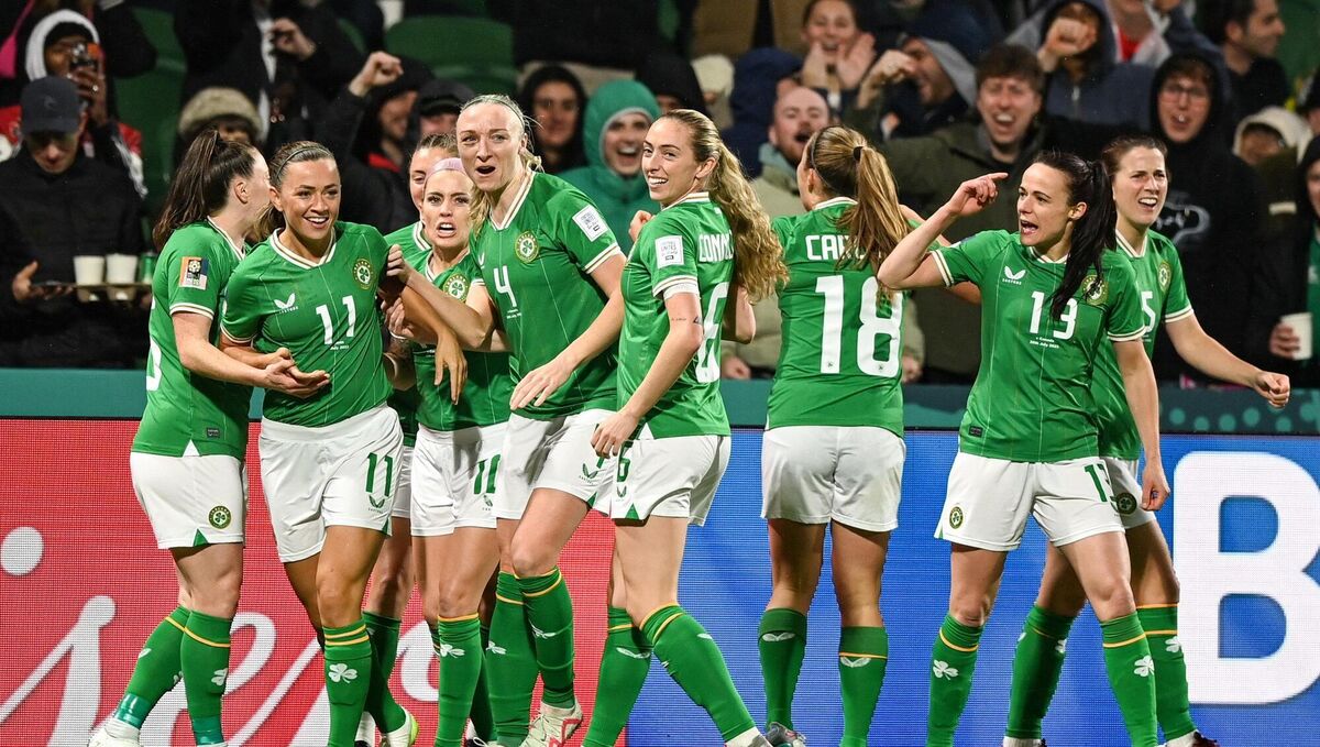 Katie McCabe of the Republic of Ireland, second from left, celebrates with teammates after scoring their side's first goal during the FIFA Women's World Cup 2023 Group B match against Canada at Perth Rectangular Stadium. Pic: Stephen McCarthy/Sportsfile Katie McCabe of the Republic of Ireland, second from left, celebrates with teammates after scoring their side's first goal during the FIFA Women's World Cup 2023 Group B match against Canada at Perth Rectangular Stadium. Pic: Stephen McCarthy/Sportsfile