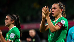 <p>LEADING LIGHT: Ireland’s Katie McCabe dejected after the game. Pic: ©INPHO/Ryan Byrne</p>