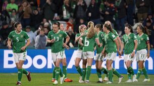 <p>Republic of Ireland players celebrate after Katie McCabe scores their first goal during the FIFA Women's World Cup 2023 group B match at the Perth Rectangular Stadium, Western Australia. Pictures: PA </p>