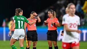 <p>IRKED: Republic of Ireland captain Katie McCabe speaks to referee Laura Fortunato after the final whistle of the FIFA Women's World Cup 2023 Group B match between the Republic of Ireland and Canada at Perth Rectangular Stadium in Perth, Australia. Pic: Stephen McCarthy/Sportsfile</p>
