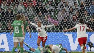 <p>Canada's Adriana Leon, center, celebrates after scoring her side's second goal during the Women's World Cup Group B soccer match between Canada and Ireland in Perth, Australia, Wednesday, July 26, 2023. (AP Photo/Gary Day)</p>