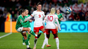 <p>Canada’s Jordyn Huitema and Sinead Farrelly of Ireland. Pic: ©INPHO/Ryan Byrne</p>
