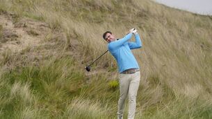 <p>Jake Whelan leads the way heading into the match play stages in Lahinch. Pic: Fran Caffrey/Golffile</p>