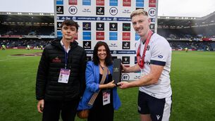 <p>STAR MAN: Scotland’s Ben Healy is presented with the player of the match award. Pic: INPHO/Ben Brady</p>