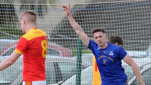 <p>Ethan Twomey of St. Finbarr's after scoring a goal against Mallow in the Bon Secours Cork PSFC at Blarney.</p>