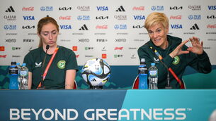 <p>Manager Vera Pauw and Megan Connolly during a Republic of Ireland press conference at Brisbane Stadium in Brisbane, Australia, ahead of their final Group B match of the FIFA Women's World Cup 2023, against Nigeria. Photo by Stephen McCarthy/Sportsfile</p>