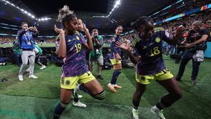 <p>Colombia's forward  Linda Caicedo, right, celebrates scoring her team's first goal against Germany. Picure: FRANCK FIFE / AFP) (Photo by FRANCK FIFE/AFP via Getty Images)</p>