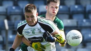 <p>Douglas' Kevin Flahive is tackled by St. Michael's Tadhg Deasy during the Bon Secours Cork PSFC at Pairc Ui Rinn. Pic: Eddie O'Hare</p>