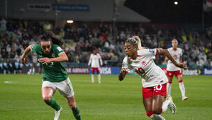 <p>GREAT SERVANT: Canada’s Ashley Lawrence (right) and Republic of Ireland's Aine O'Gorman battle for the ball. Pic: PA Wire.</p>