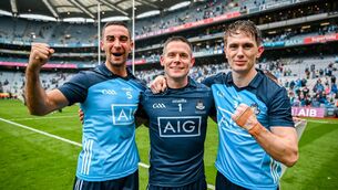 <p>CLOUD NINE: Dublin nine time All Ireland medal winners from left, James McCarthy, Stephen Cluxton and Michael Fitzsimons celebrate after the GAA Football All-Ireland Senior Championship final match between Dublin and Kerry at Croke Park in Dublin. Photo by Brendan Moran/Sportsfile</p>