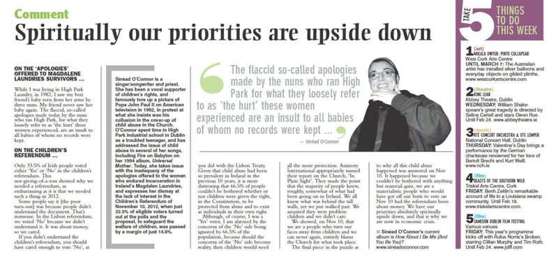 Sinéad O'Connor's opinion piece for the Irish Examiner in 2013. Sinéad O'Connor's opinion piece for the Irish Examiner in 2013.