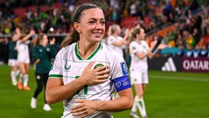 <p>POINT MADE: Katie McCabe shows appreciation toward the Republic of Ireland supporters.  Photo by Stephen McCarthy/Sportsfile</p>