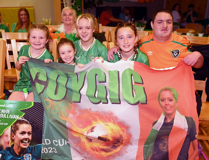 (Left to right) Lainie Black, Joan Delaney, Ruby Hayes, Libby Black and Cian Lawlor watching the game. Picture: Eddie O'Hare